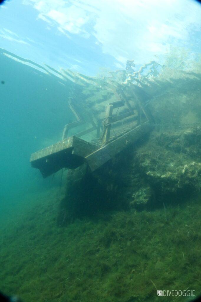 Underwater dock for entry/exit from lake.